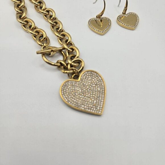 Michael Kors Gold-Tone Heart Charm Bracelet Earrings Rhinestone Accents - Picture 2 of 5